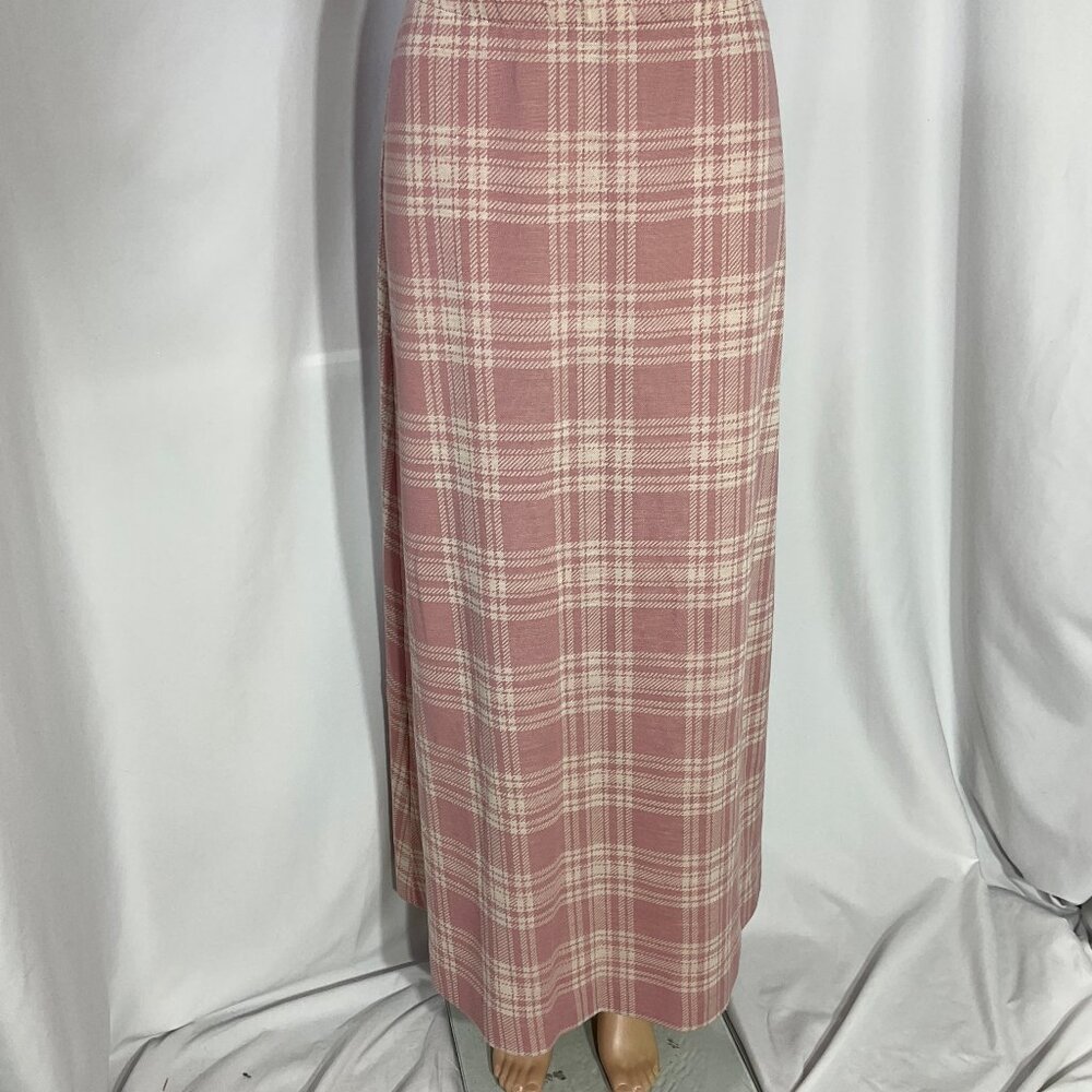 Vintage Size 8 Maxi Knit Plaid Skirt 60s 70s 80s 90s Womens Pink and Cream